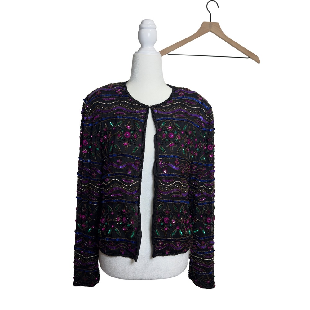 Papell Boutique Evening Vintage Beaded Sequin Jacket Black‎ Silk Purple Small